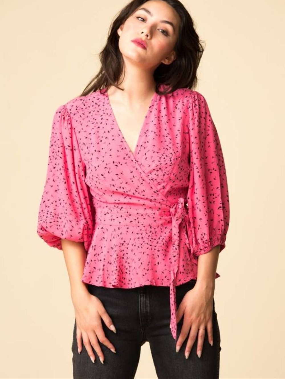 Ganni Barra Wrap Blouse Size 6 38 Pink Floral Puff Sleeve Peplum NWT